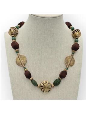 Ralph Lauren Ornate Gold Medallion Green & Wooden Bead Necklace Euro Elegance